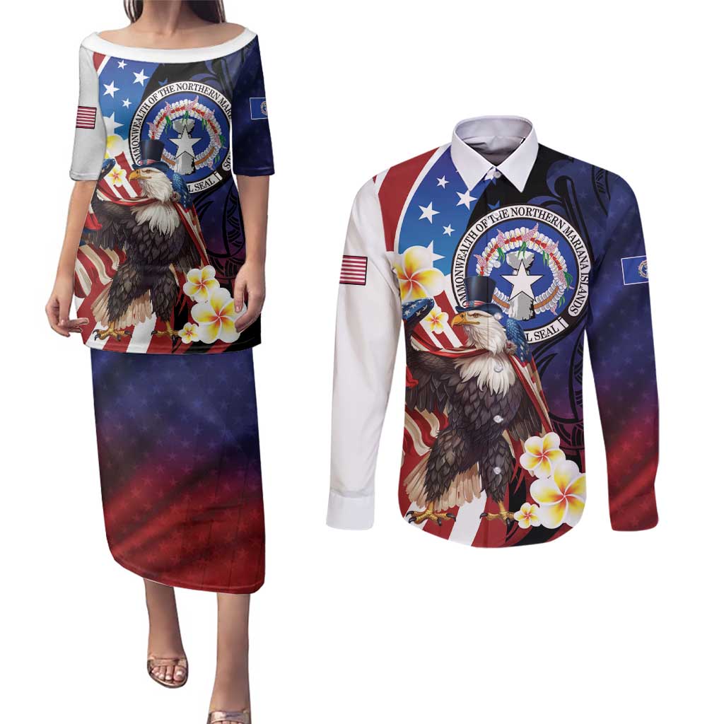 Personalized Northern Mariana Islands 4th of July Couples Matching Puletasi and Long Sleeve Button Shirt Plumeria USA Eagle