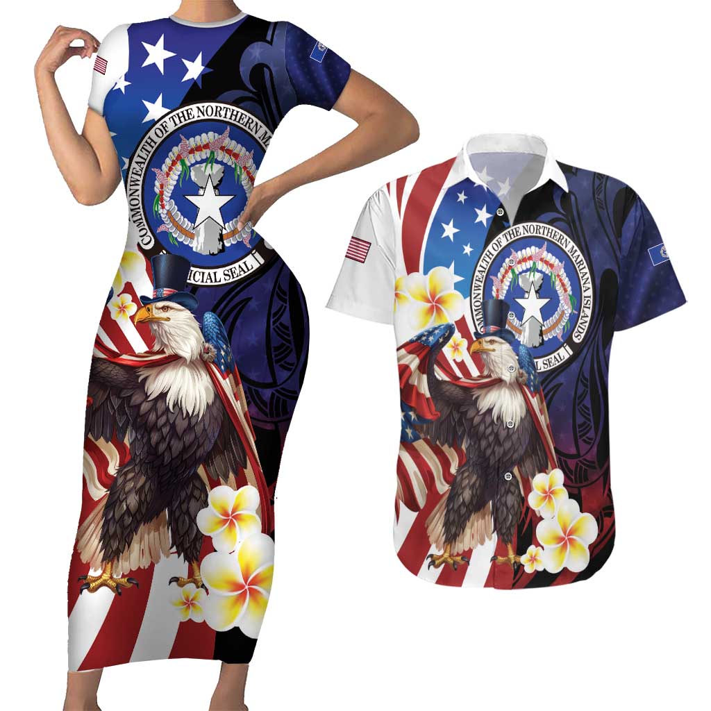 Personalized Northern Mariana Islands 4th of July Couples Matching Short Sleeve Bodycon Dress and Hawaiian Shirt Plumeria USA Eagle