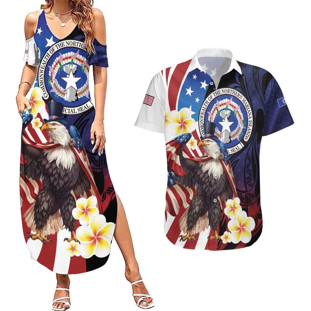 Personalized Northern Mariana Islands 4th of July Couples Matching Summer Maxi Dress and Hawaiian Shirt Plumeria USA Eagle