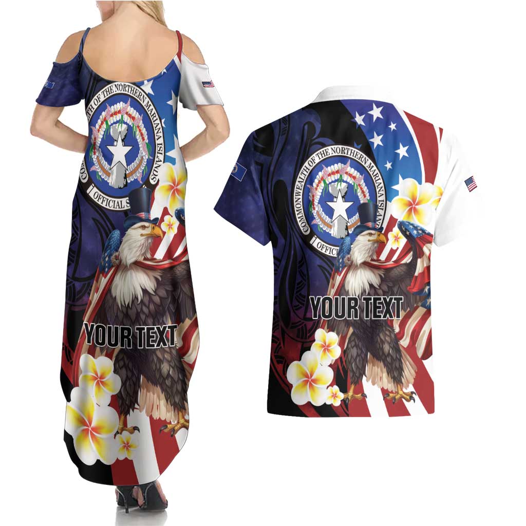 Personalized Northern Mariana Islands 4th of July Couples Matching Summer Maxi Dress and Hawaiian Shirt Plumeria USA Eagle