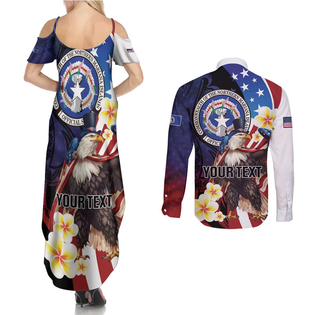 Personalized Northern Mariana Islands 4th of July Couples Matching Summer Maxi Dress and Long Sleeve Button Shirt Plumeria USA Eagle