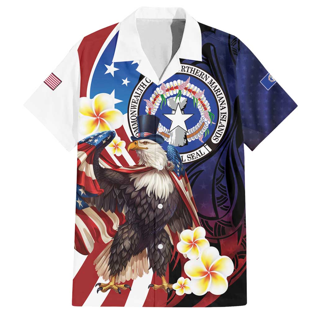 Personalized Northern Mariana Islands 4th of July Family Matching Long Sleeve Bodycon Dress and Hawaiian Shirt Plumeria USA Eagle