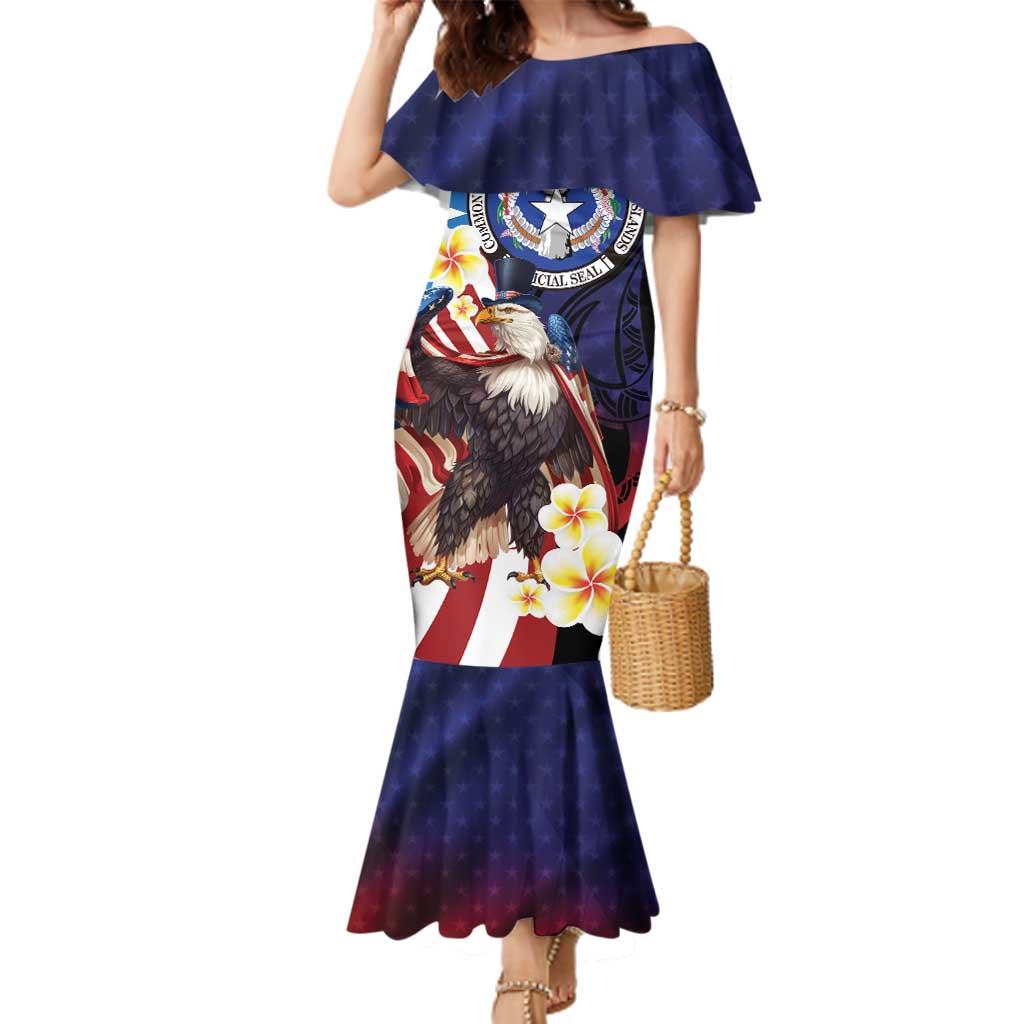 Personalized Northern Mariana Islands 4th of July Family Matching Mermaid Dress and Hawaiian Shirt Plumeria USA Eagle