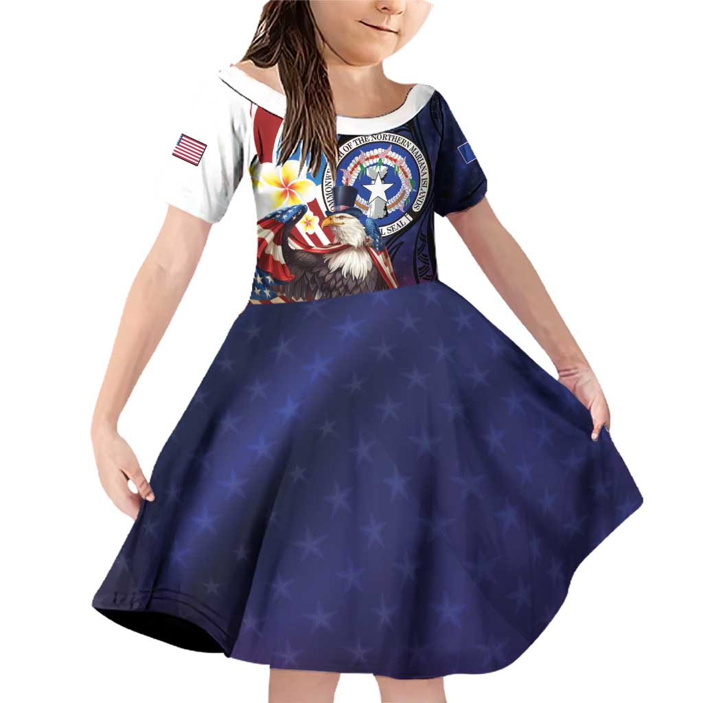 Personalized Northern Mariana Islands 4th of July Family Matching Off Shoulder Short Dress and Hawaiian Shirt Plumeria USA Eagle