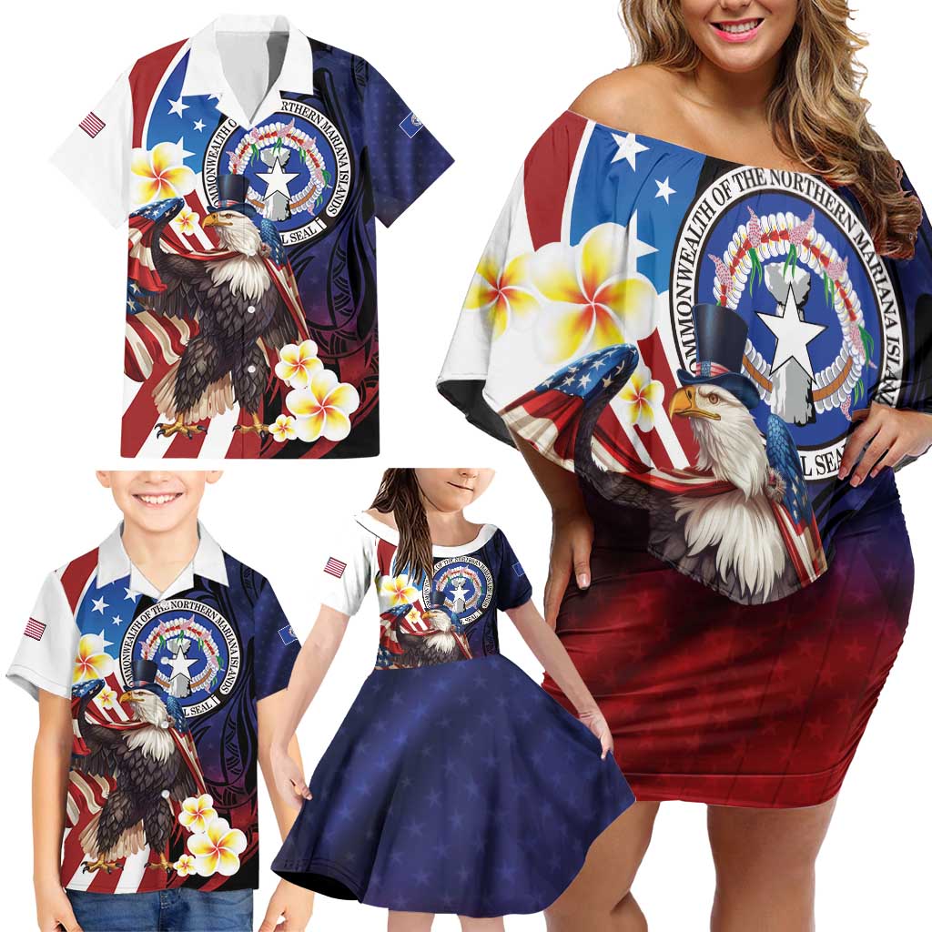 Personalized Northern Mariana Islands 4th of July Family Matching Off Shoulder Short Dress and Hawaiian Shirt Plumeria USA Eagle