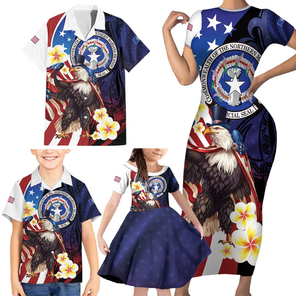 Personalized Northern Mariana Islands 4th of July Family Matching Short Sleeve Bodycon Dress and Hawaiian Shirt Plumeria USA Eagle
