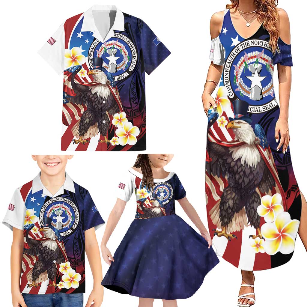 Personalized Northern Mariana Islands 4th of July Family Matching Summer Maxi Dress and Hawaiian Shirt Plumeria USA Eagle