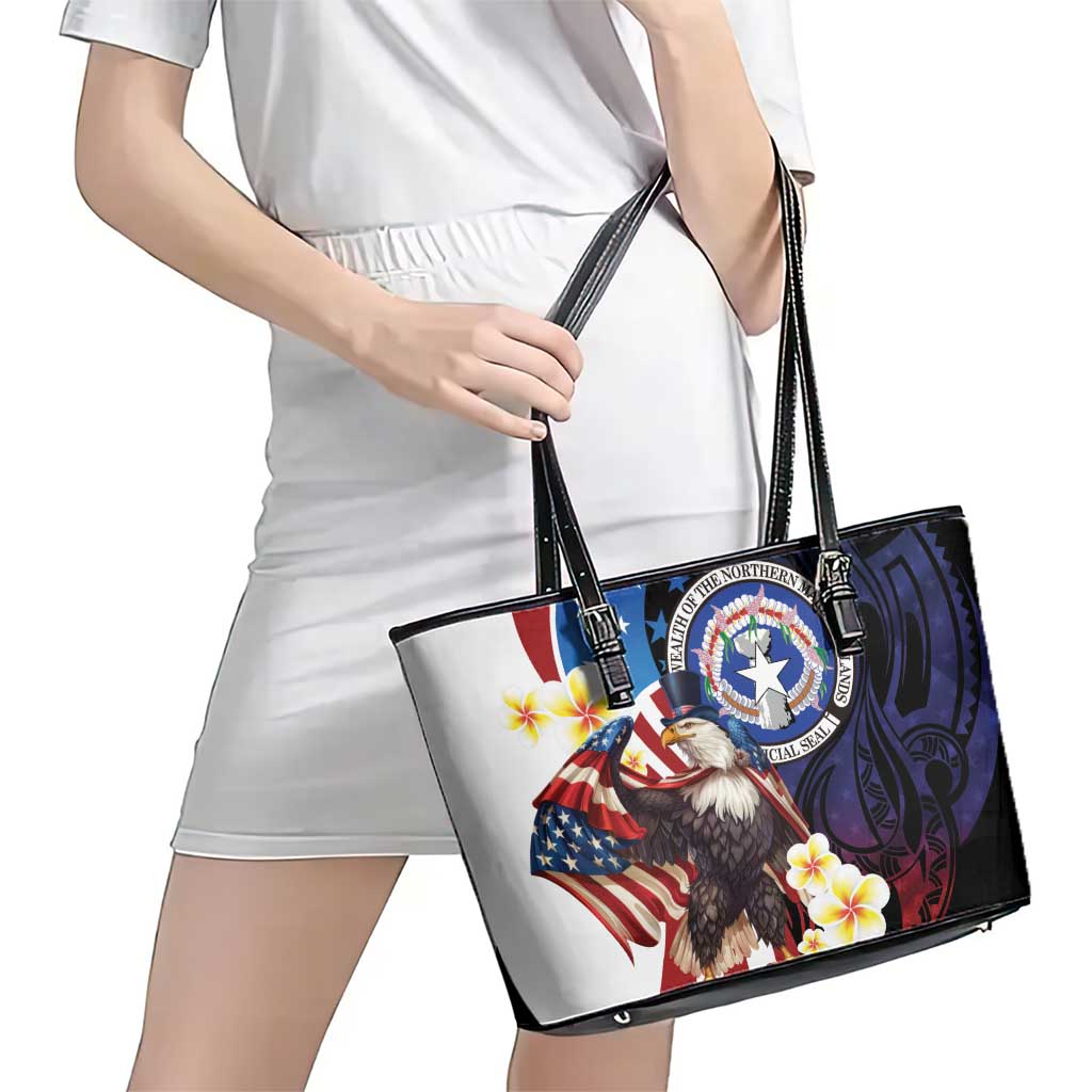 Northern Mariana Islands 4th of July Leather Tote Bag Plumeria USA Eagle