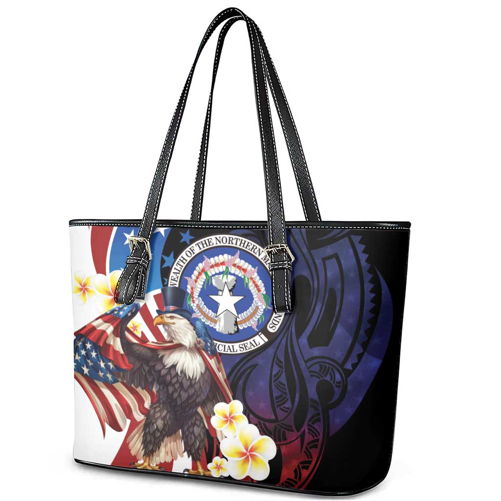 Northern Mariana Islands 4th of July Leather Tote Bag Plumeria USA Eagle
