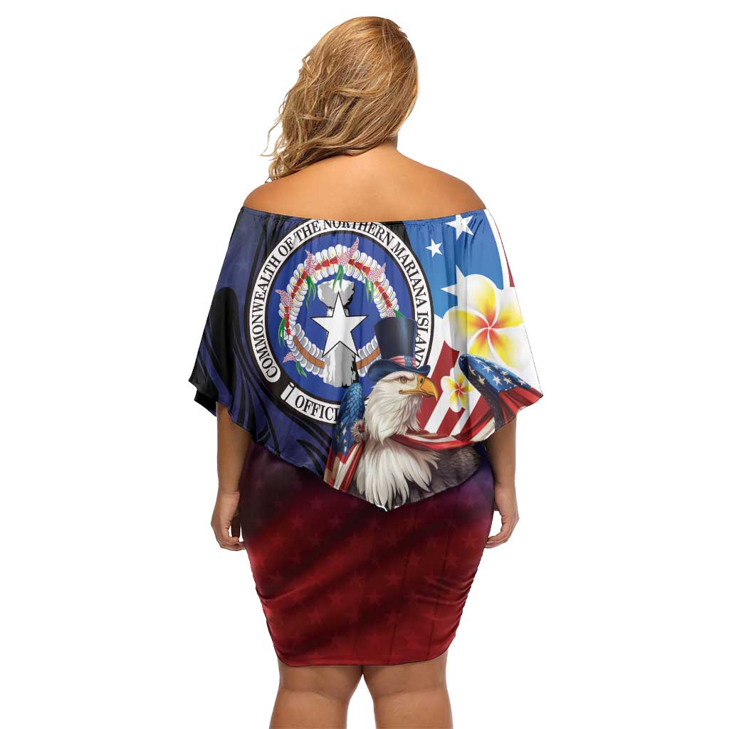 Personalized Northern Mariana Islands 4th of July Off Shoulder Short Dress Plumeria USA Eagle