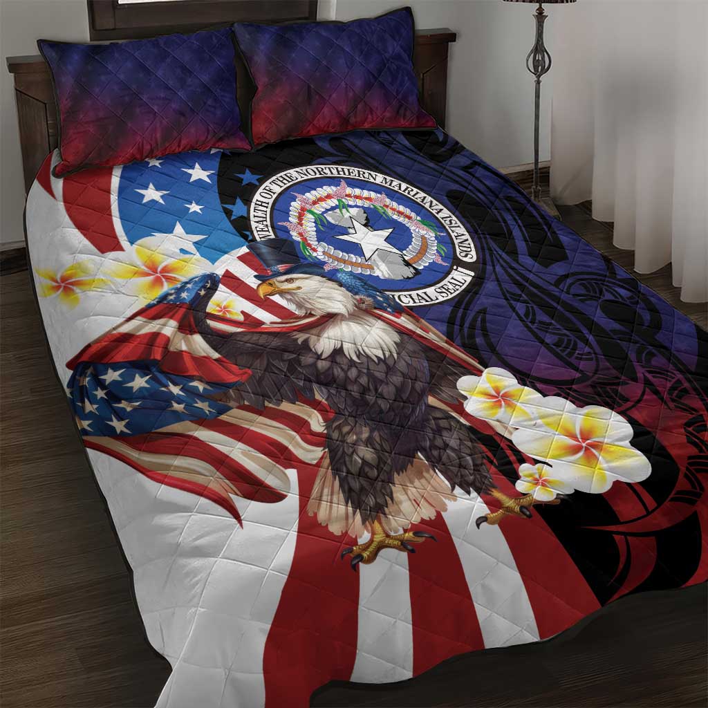 Northern Mariana Islands 4th of July Quilt Bed Set Plumeria USA Eagle