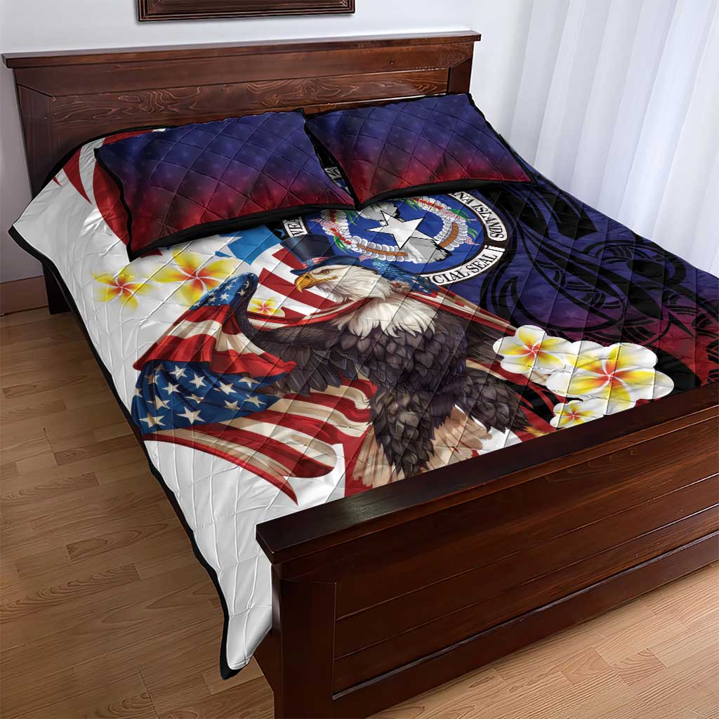 Northern Mariana Islands 4th of July Quilt Bed Set Plumeria USA Eagle