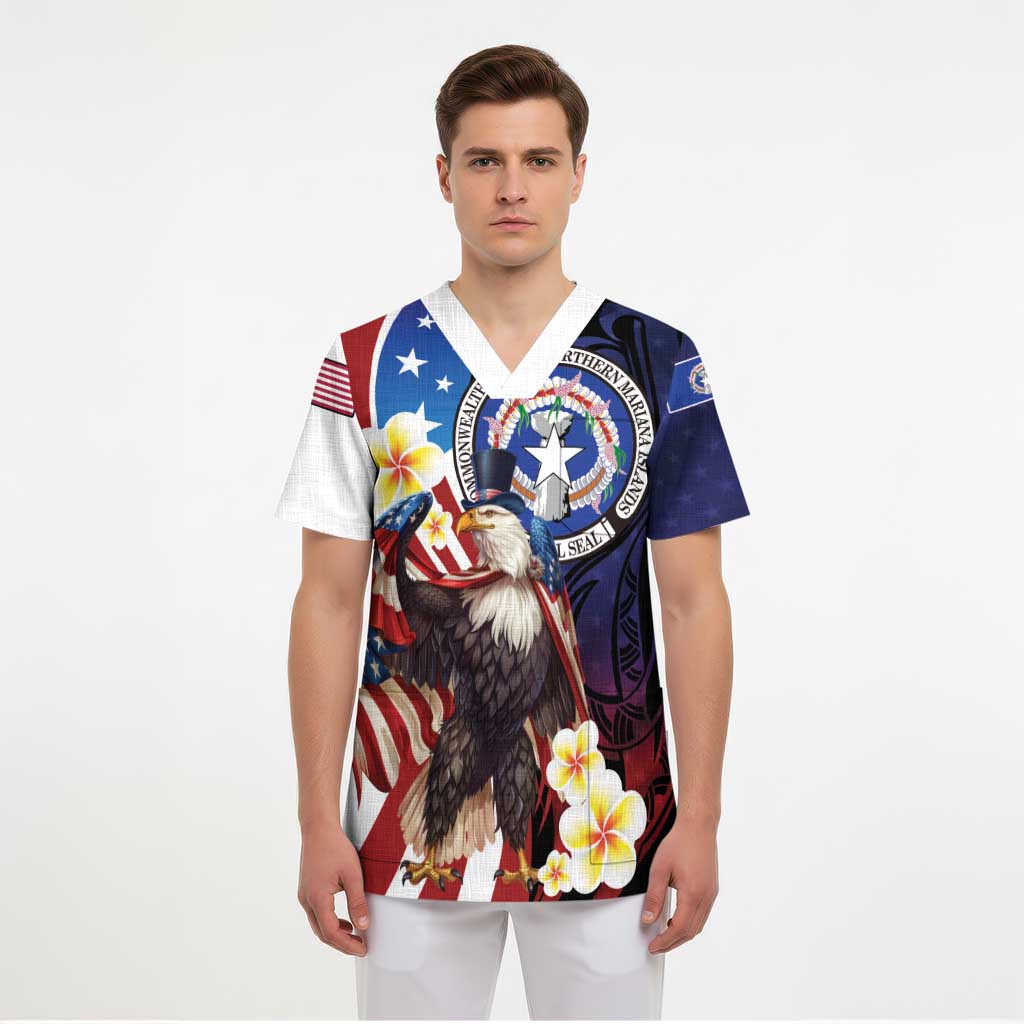 Personalized Northern Mariana Islands 4th of July Scrub Top Plumeria USA Eagle - Polynesian Pride