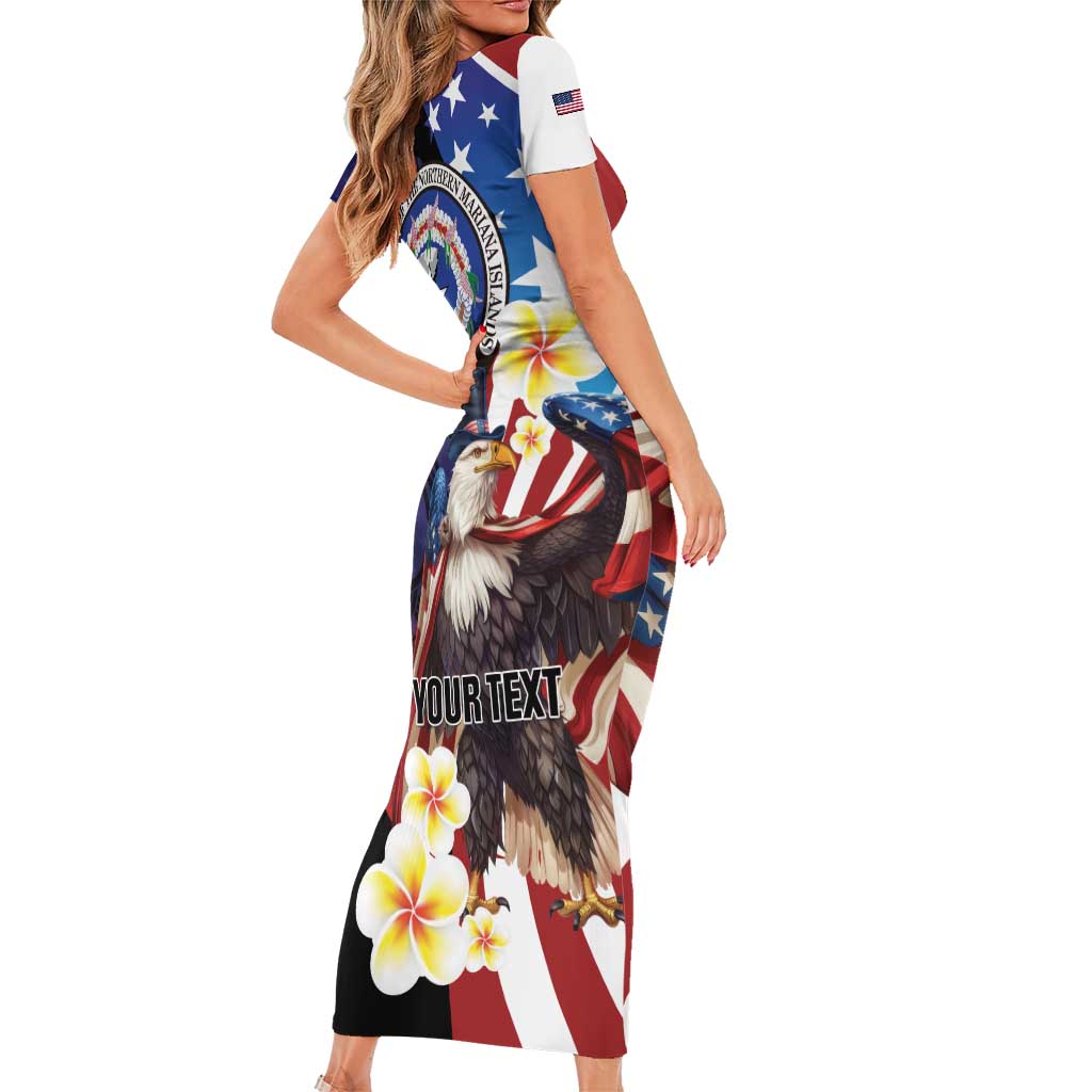 Personalized Northern Mariana Islands 4th of July Short Sleeve Bodycon Dress Plumeria USA Eagle