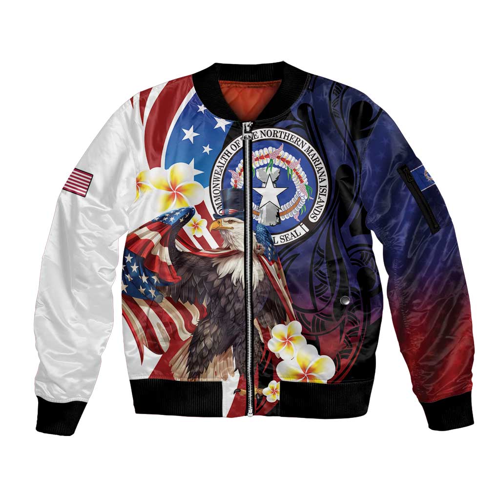 Personalized Northern Mariana Islands 4th of July Sleeve Zip Bomber Jacket Plumeria USA Eagle