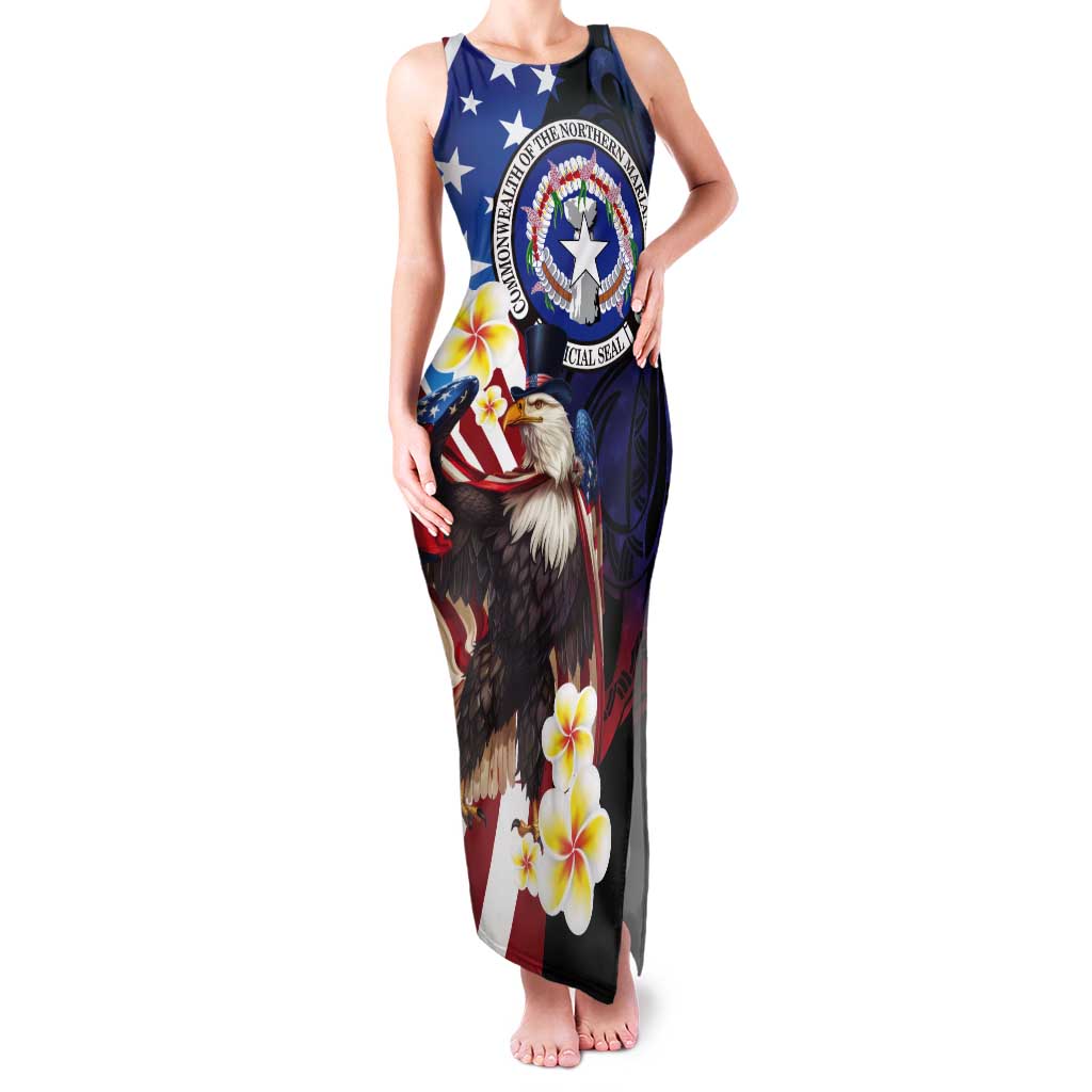 Personalized Northern Mariana Islands 4th of July Tank Maxi Dress Plumeria USA Eagle