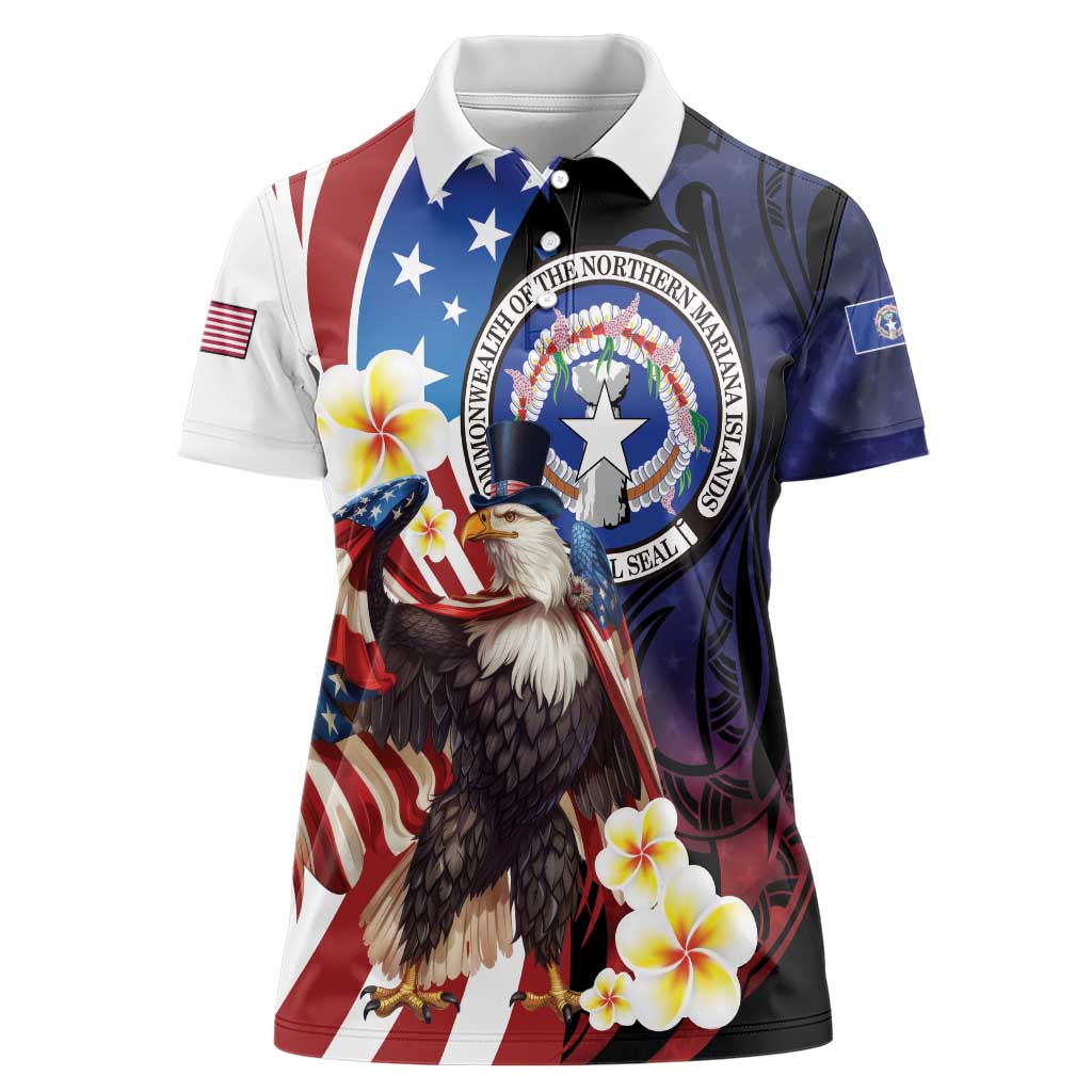 Personalized Northern Mariana Islands 4th of July Women Polo Shirt Plumeria USA Eagle