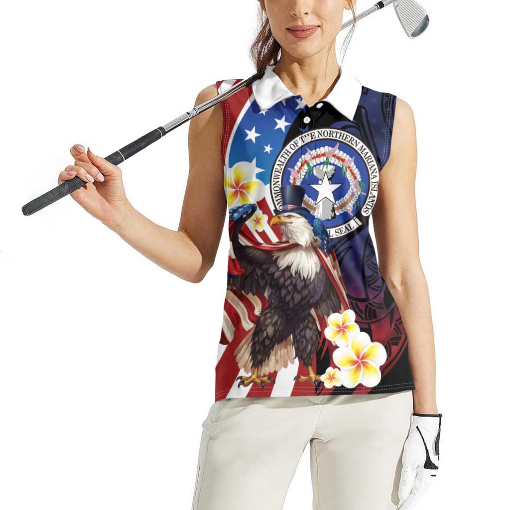 Personalized Northern Mariana Islands 4th of July Women Sleeveless Polo Shirt Plumeria USA Eagle