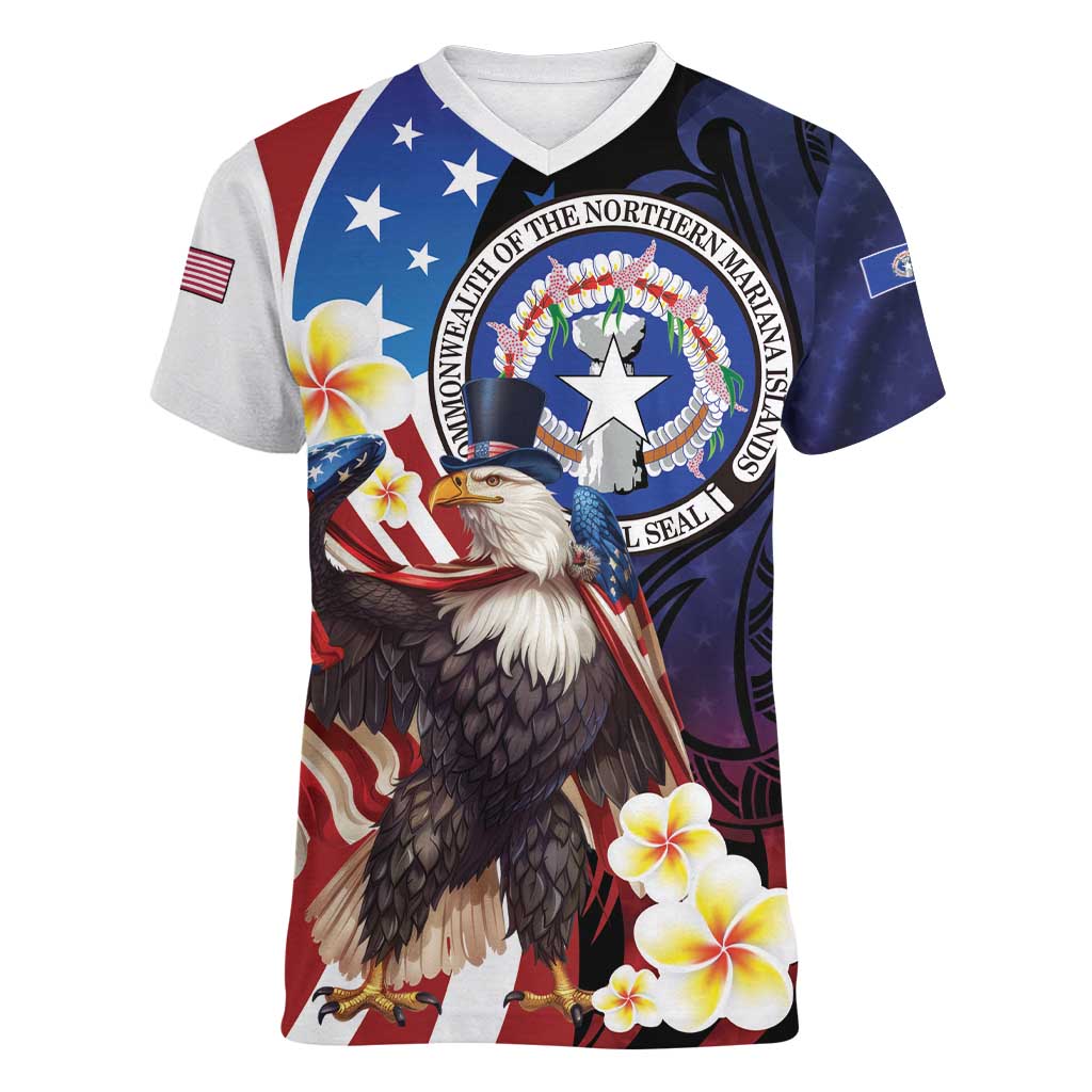 Personalized Northern Mariana Islands 4th of July Women V-Neck T-Shirt Plumeria USA Eagle