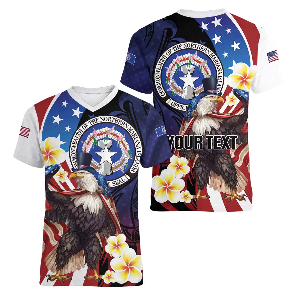 Personalized Northern Mariana Islands 4th of July Women V-Neck T-Shirt Plumeria USA Eagle