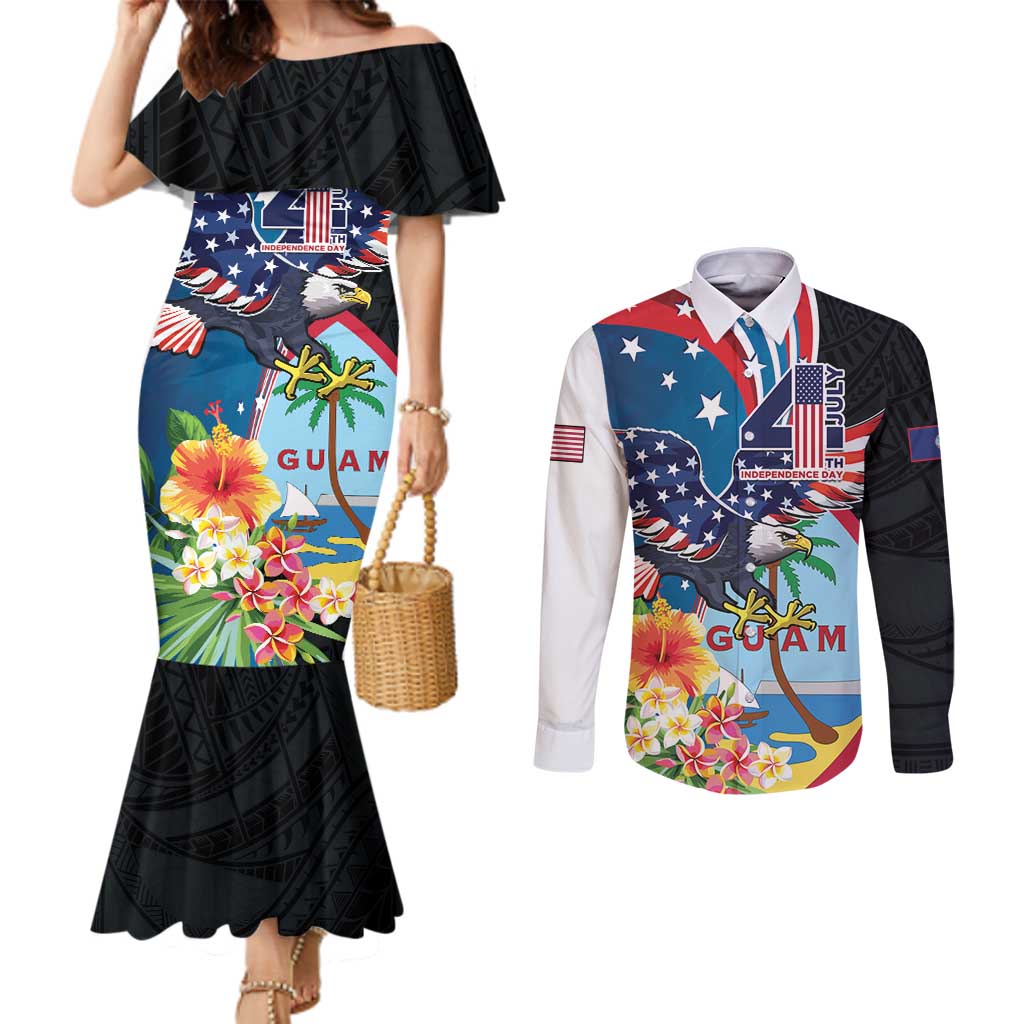 Personalized Guam Fourth of July Couples Matching Mermaid Dress and Long Sleeve Button Shirt Tropical Flowers