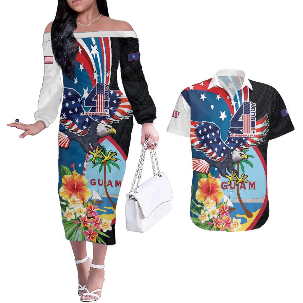 Personalized Guam Fourth of July Couples Matching Off The Shoulder Long Sleeve Dress and Hawaiian Shirt Tropical Flowers