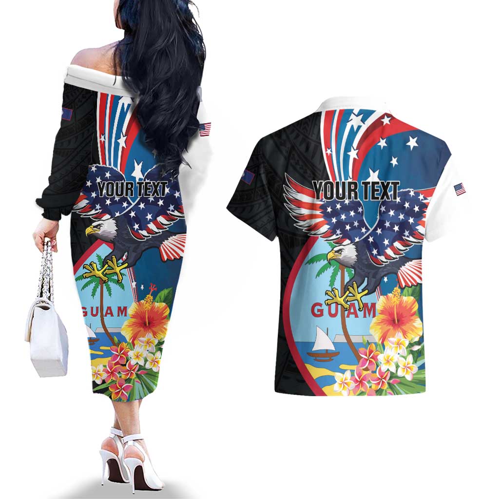 Personalized Guam Fourth of July Couples Matching Off The Shoulder Long Sleeve Dress and Hawaiian Shirt Tropical Flowers
