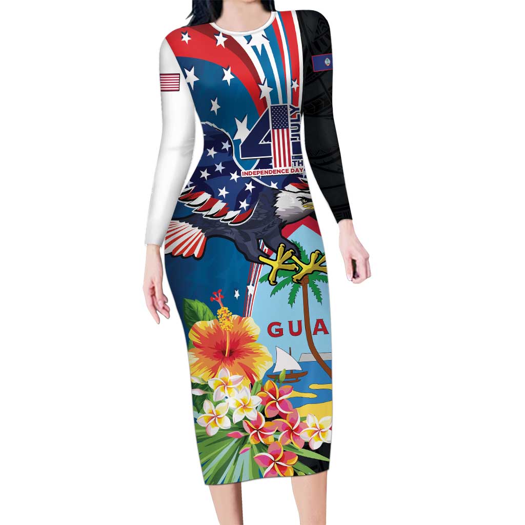 Personalized Guam Fourth of July Family Matching Long Sleeve Bodycon Dress and Hawaiian Shirt Tropical Flowers
