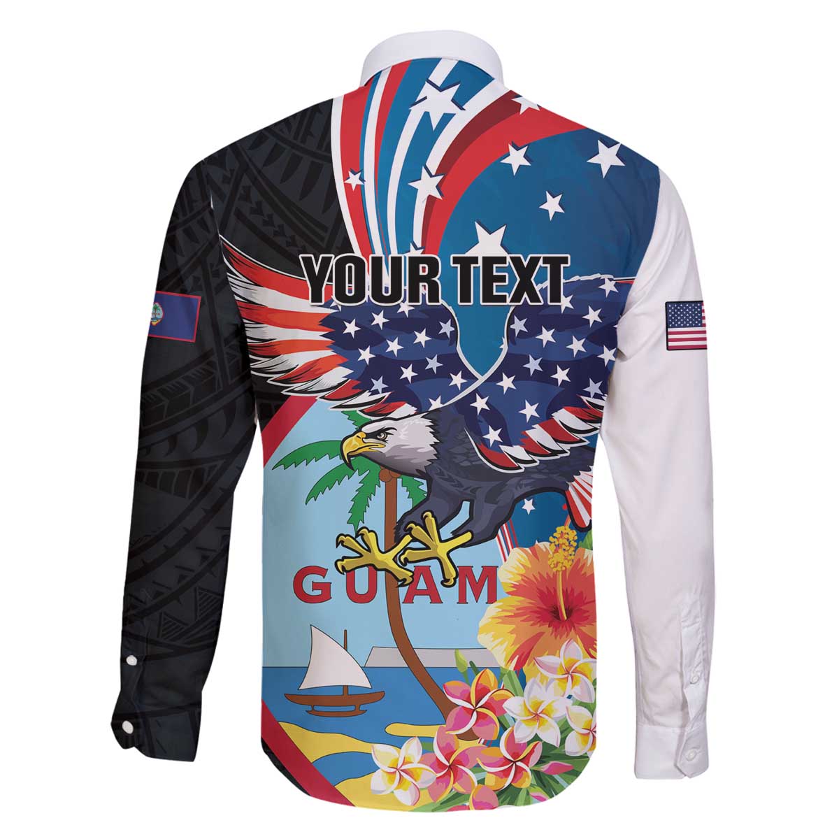 Personalized Guam Fourth of July Family Matching Off The Shoulder Long Sleeve Dress and Hawaiian Shirt Tropical Flowers