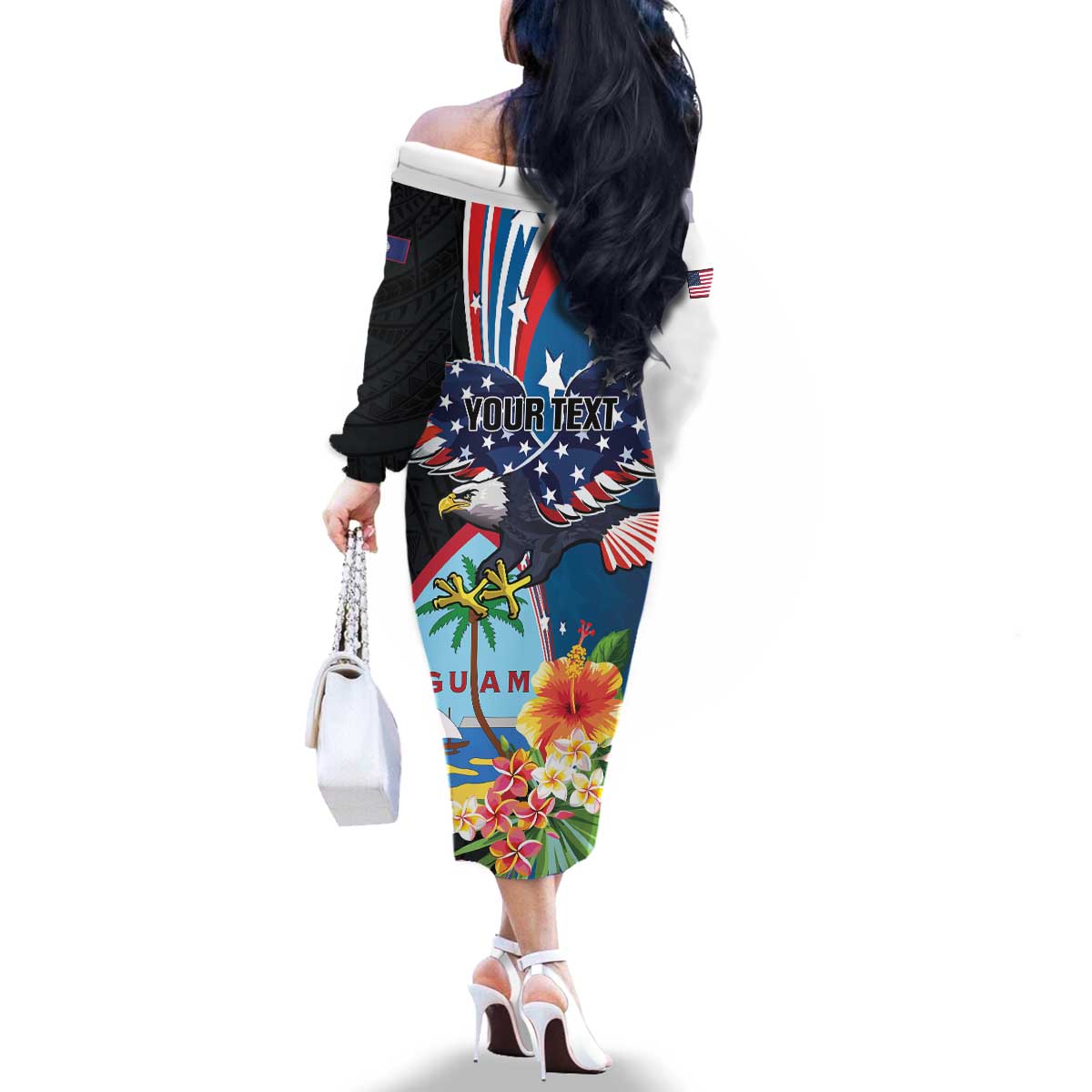 Personalized Guam Fourth of July Family Matching Off The Shoulder Long Sleeve Dress and Hawaiian Shirt Tropical Flowers