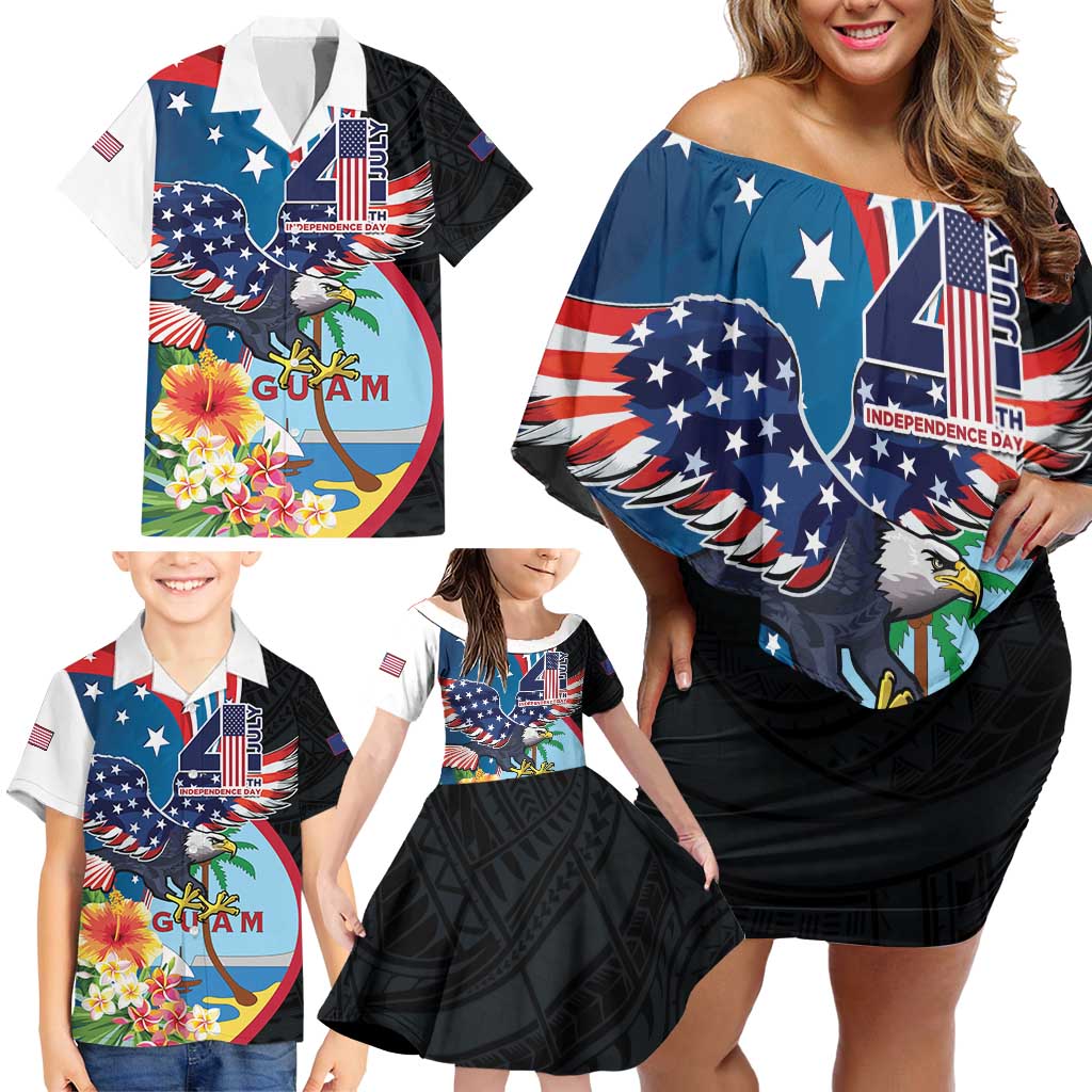 Personalized Guam Fourth of July Family Matching Off Shoulder Short Dress and Hawaiian Shirt Tropical Flowers
