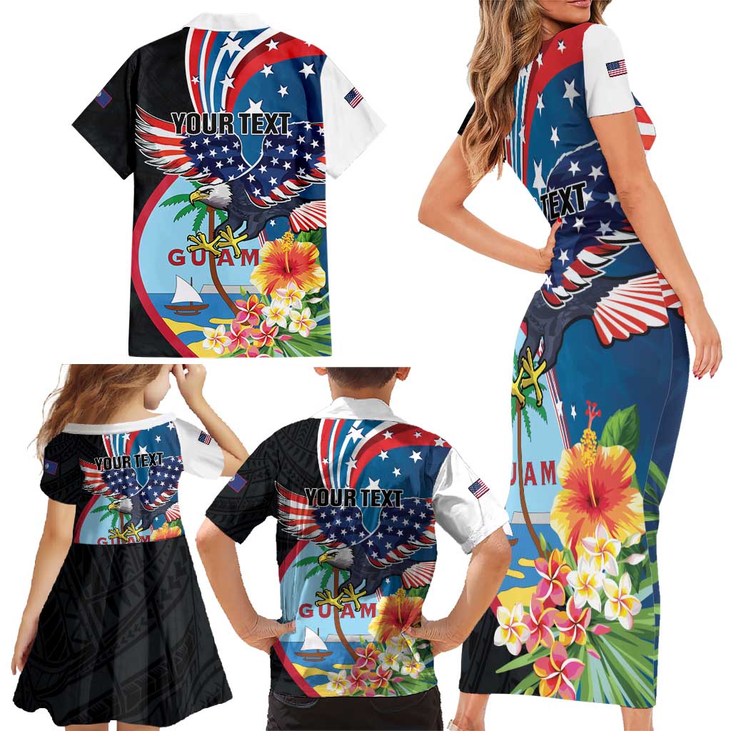 Personalized Guam Fourth of July Family Matching Short Sleeve Bodycon Dress and Hawaiian Shirt Tropical Flowers