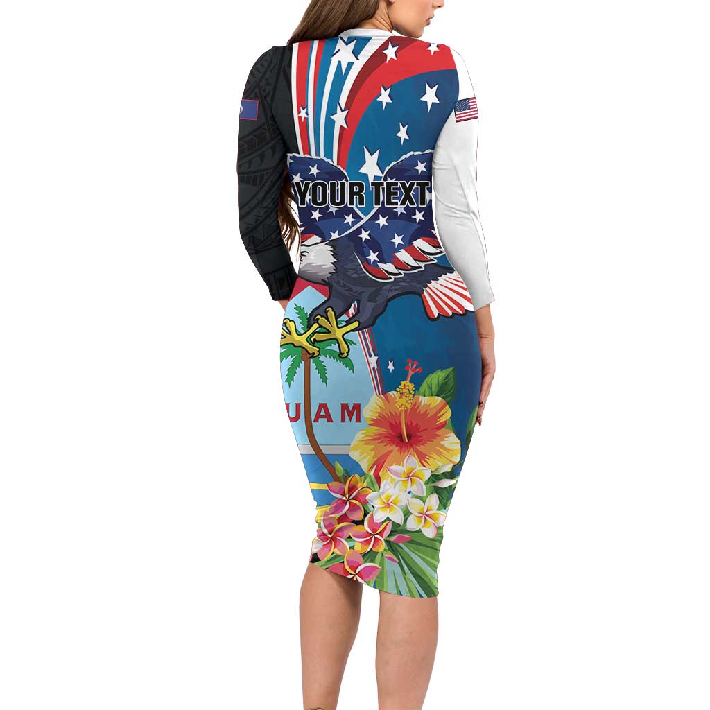 Personalized Guam Fourth of July Long Sleeve Bodycon Dress Tropical Flowers