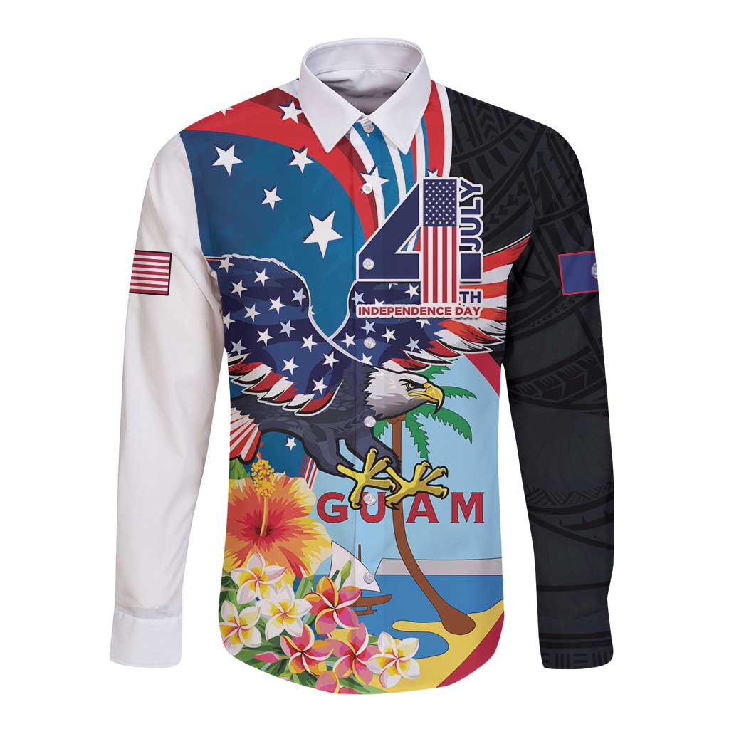 Personalized Guam Fourth of July Long Sleeve Button Shirt Tropical Flowers