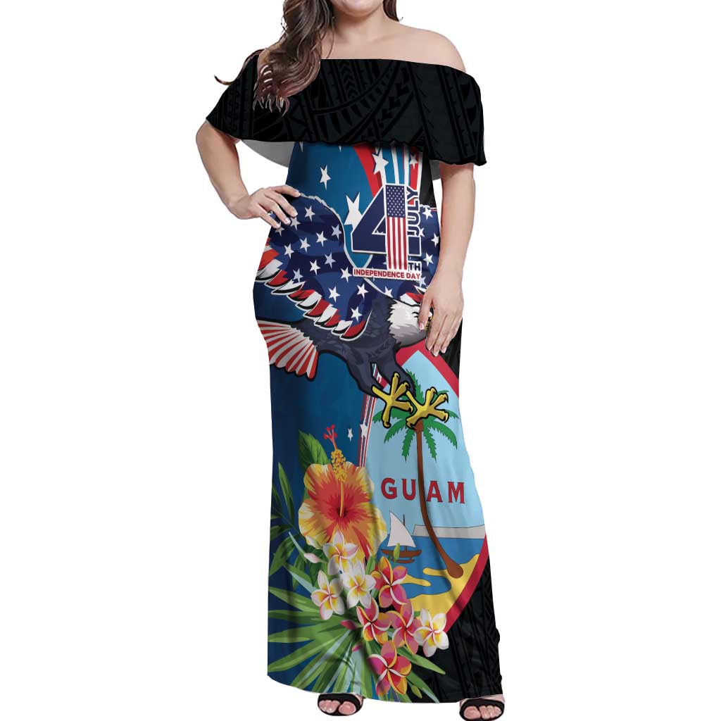 Personalized Guam Fourth of July Off Shoulder Maxi Dress Tropical Flowers