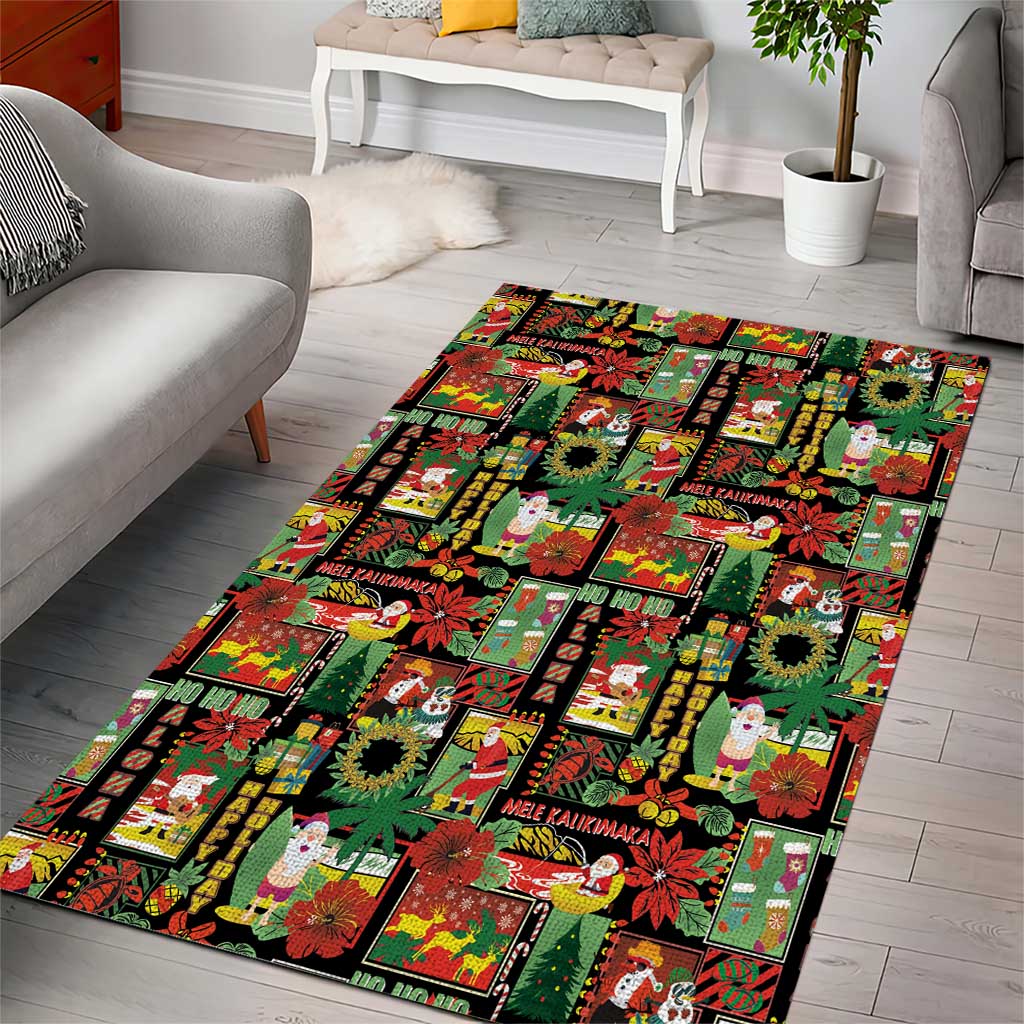 Hawaiian Santa Christmas Pattern Area Rug Black Version - Polynesian Pride