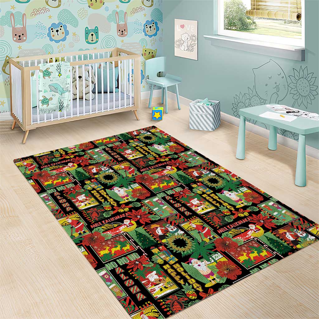 Hawaiian Santa Christmas Pattern Area Rug Black Version - Polynesian Pride
