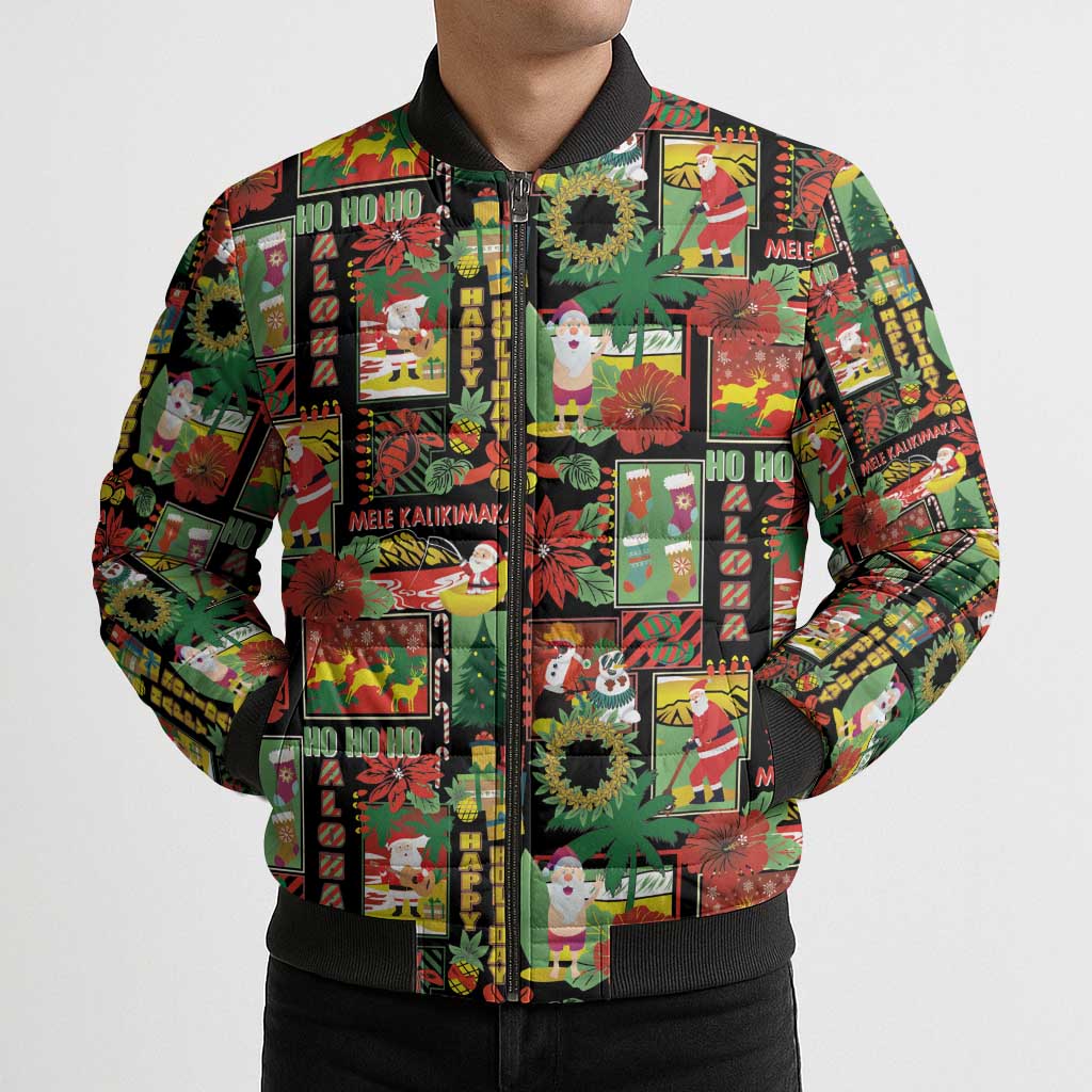 Hawaiian Santa Christmas Pattern Bomber Puffer Jacket Black Version - Polynesian Pride