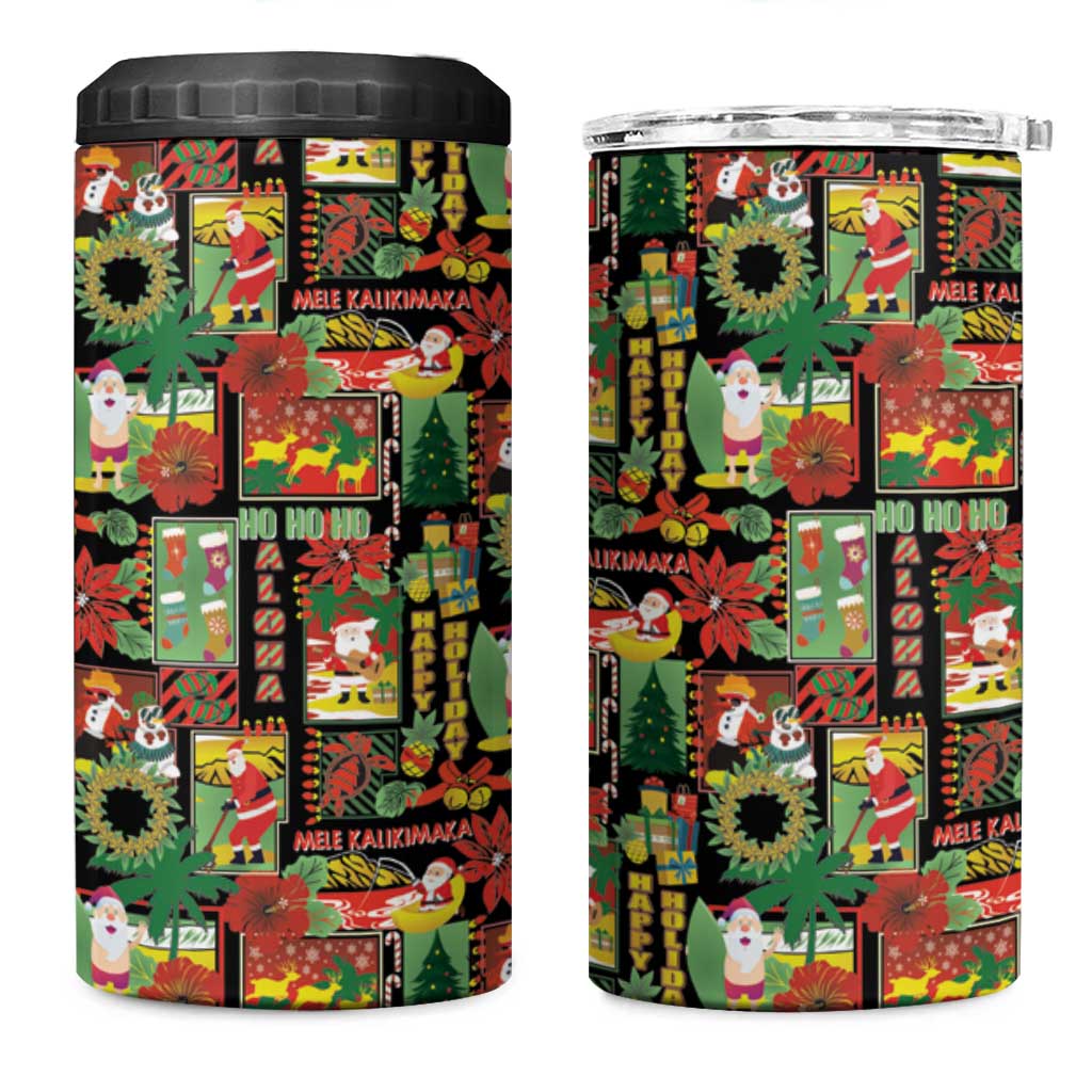 Hawaiian Santa Christmas Pattern 4 in 1 Can Cooler Tumbler Black Version - Polynesian Pride