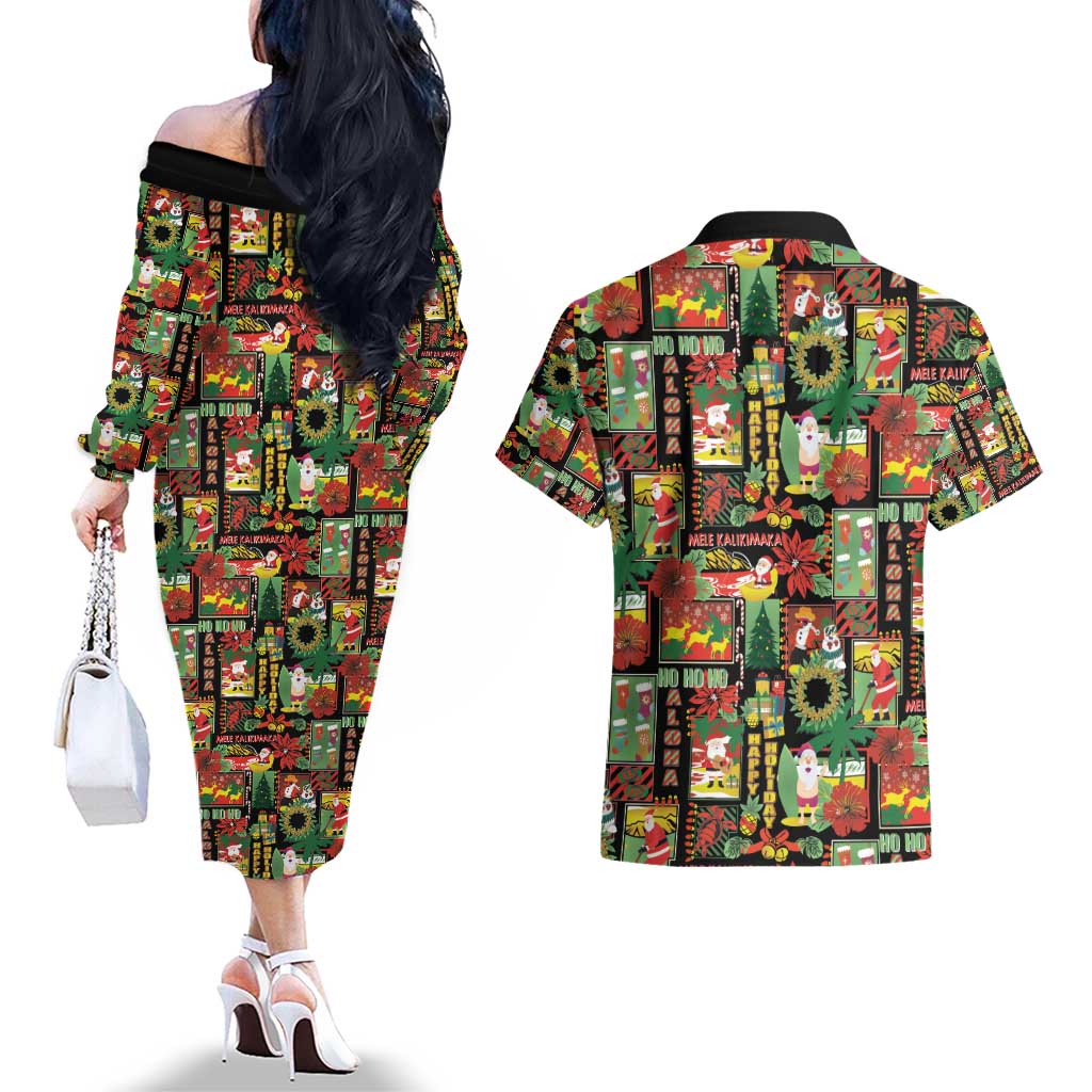 Hawaiian Santa Christmas Pattern Couples Matching Off The Shoulder Long Sleeve Dress and Hawaiian Shirt Black Version - Polynesian Pride