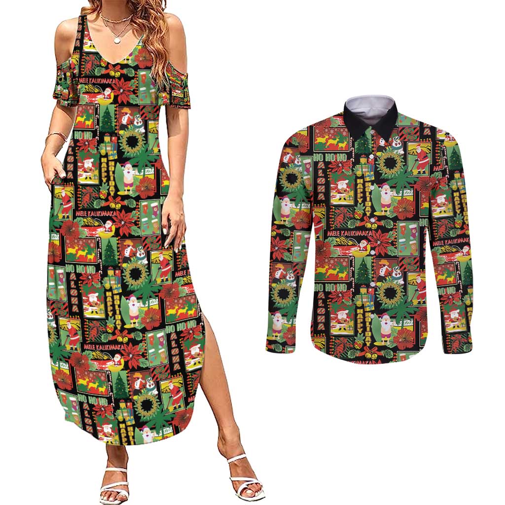 Hawaiian Santa Christmas Pattern Couples Matching Summer Maxi Dress and Long Sleeve Button Shirt Black Version - Polynesian Pride