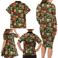 Hawaiian Santa Christmas Pattern Family Matching Long Sleeve Bodycon Dress and Hawaiian Shirt Black Version - Polynesian Pride