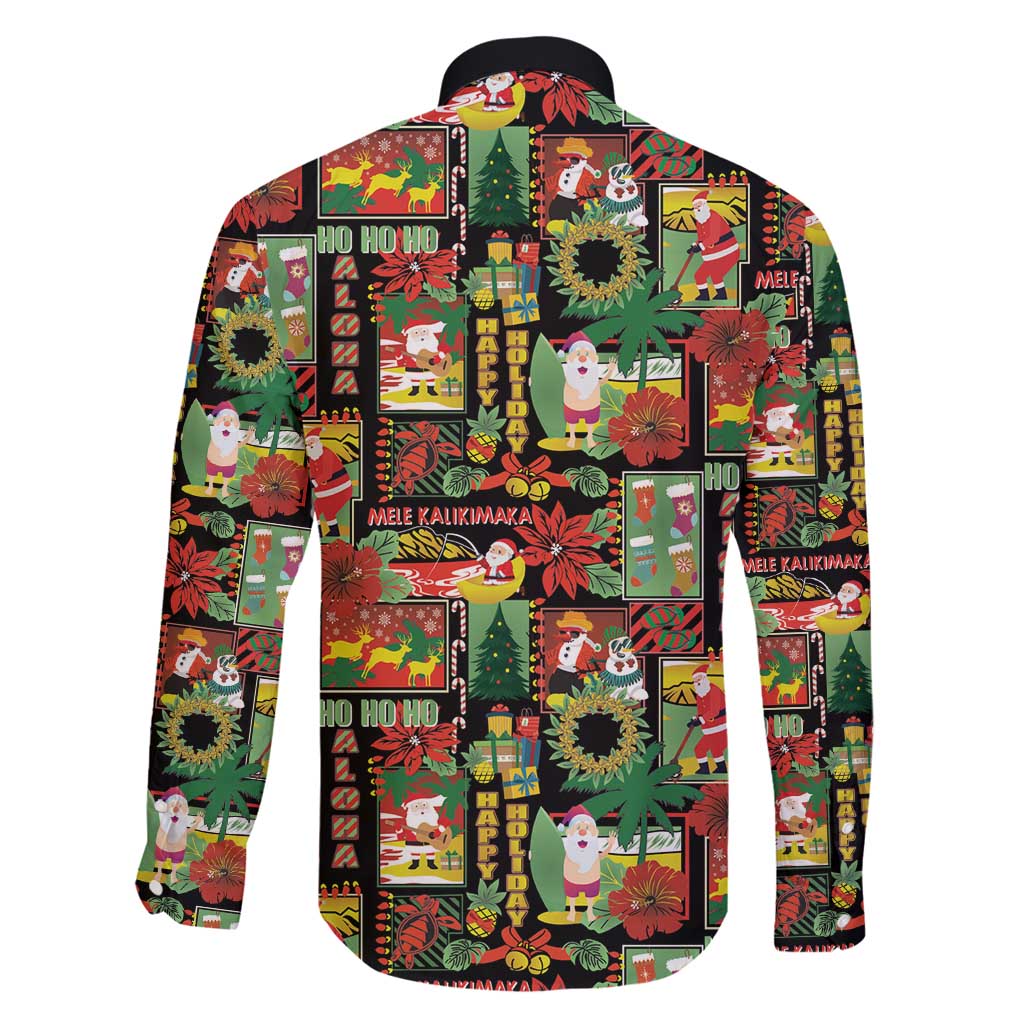Hawaiian Santa Christmas Pattern Family Matching Long Sleeve Bodycon Dress and Hawaiian Shirt Black Version - Polynesian Pride