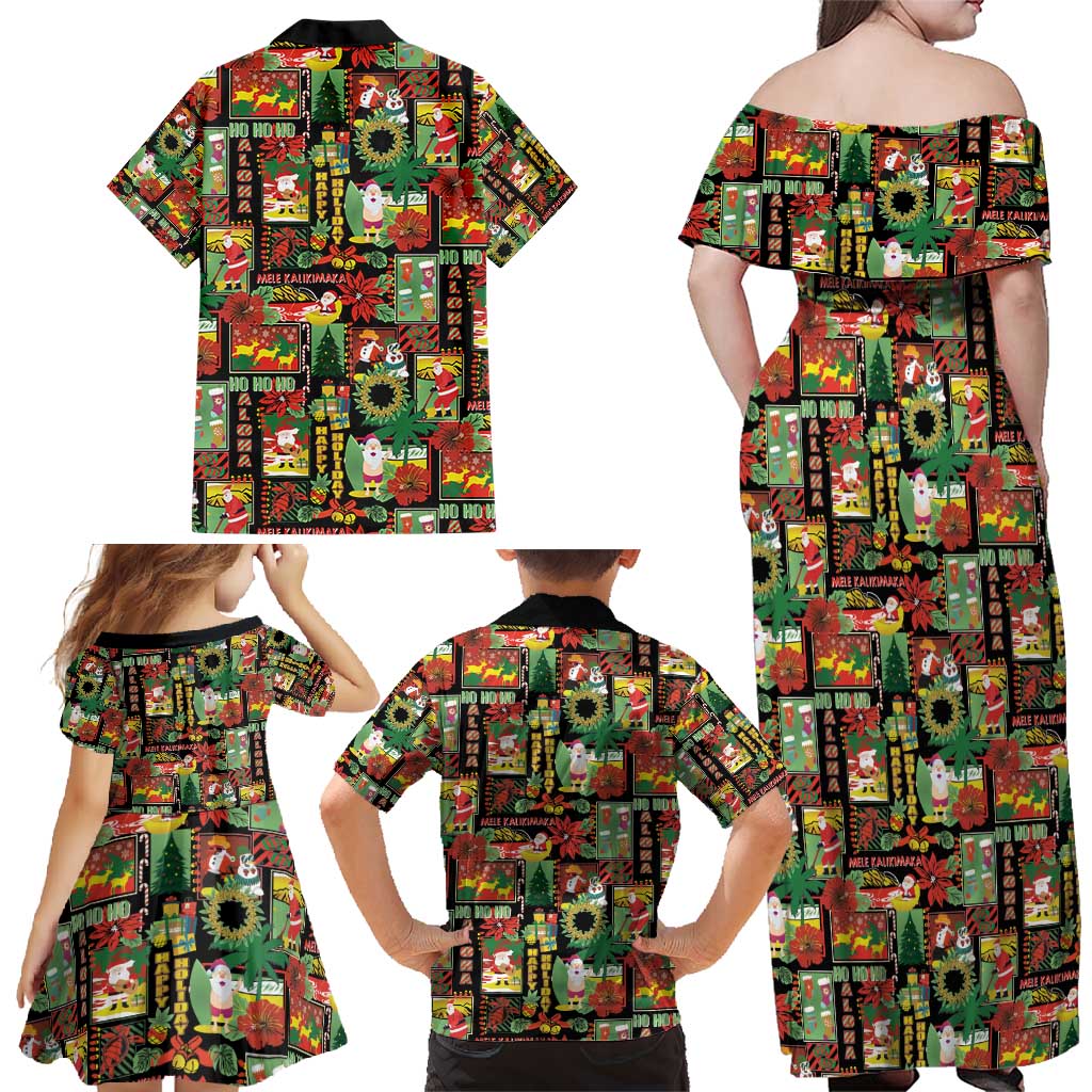 Hawaiian Santa Christmas Pattern Family Matching Off Shoulder Maxi Dress and Hawaiian Shirt Black Version - Polynesian Pride