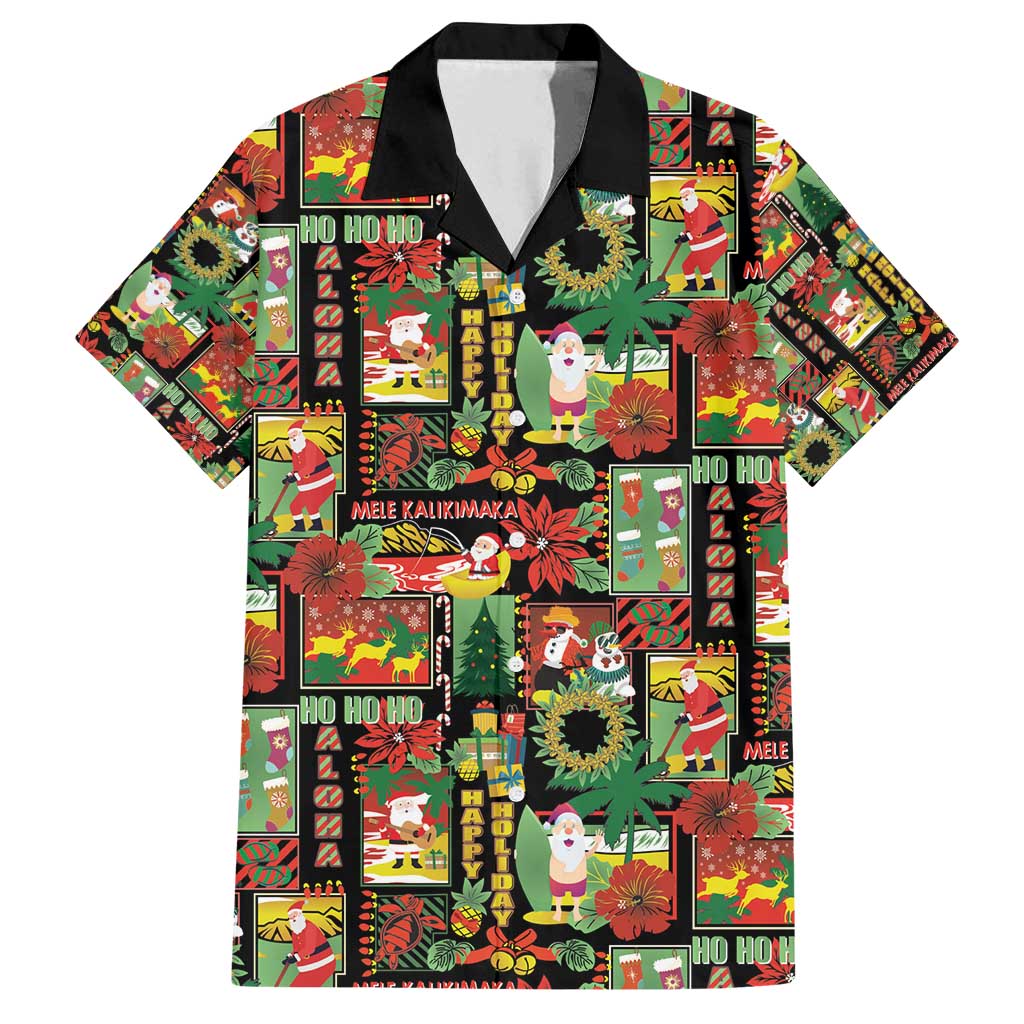 Hawaiian Santa Christmas Pattern Family Matching Off Shoulder Maxi Dress and Hawaiian Shirt Black Version - Polynesian Pride