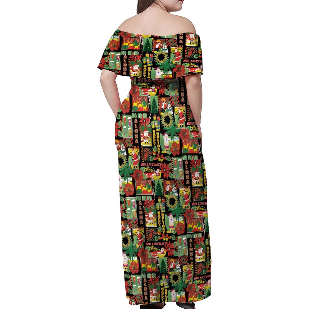 Hawaiian Santa Christmas Pattern Family Matching Off Shoulder Maxi Dress and Hawaiian Shirt Black Version - Polynesian Pride