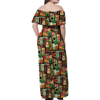 Hawaiian Santa Christmas Pattern Family Matching Off Shoulder Maxi Dress and Hawaiian Shirt Black Version - Polynesian Pride