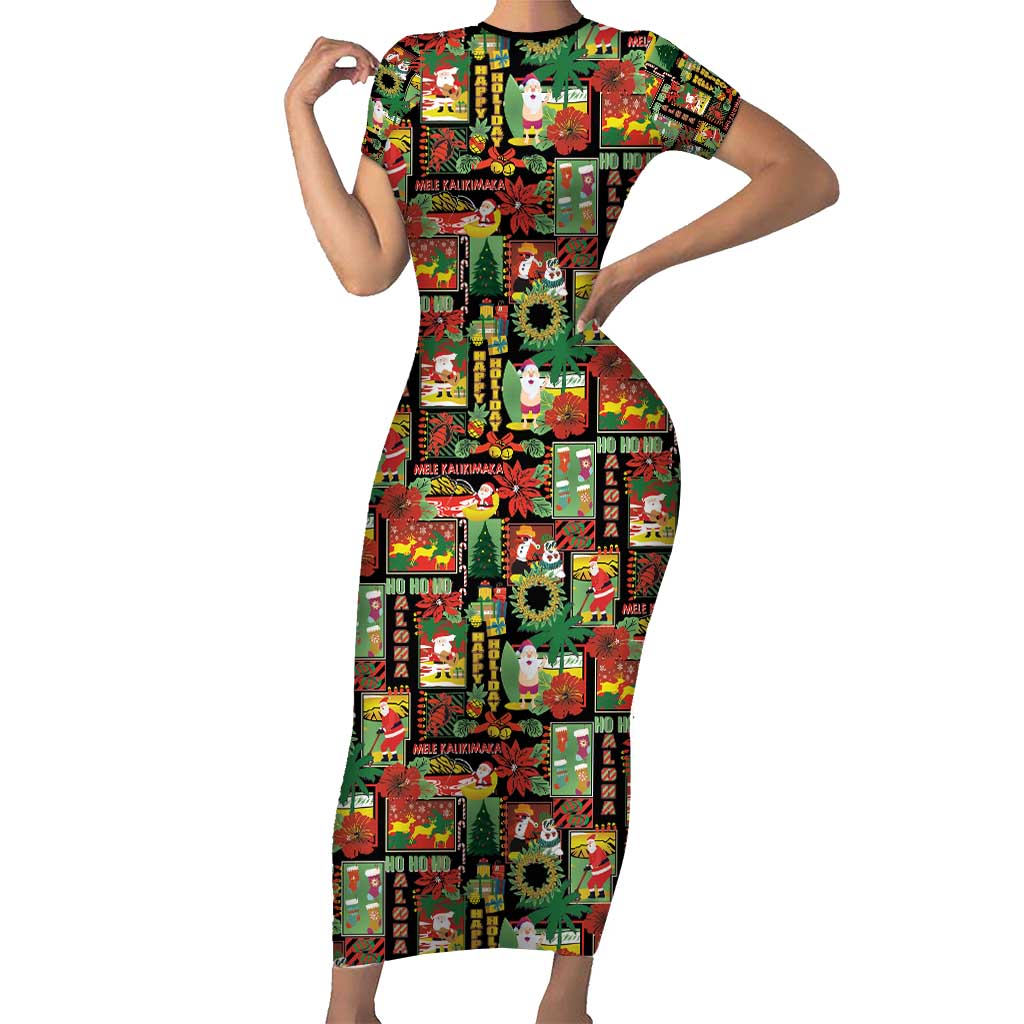 Hawaiian Santa Christmas Pattern Family Matching Short Sleeve Bodycon Dress and Hawaiian Shirt Black Version - Polynesian Pride