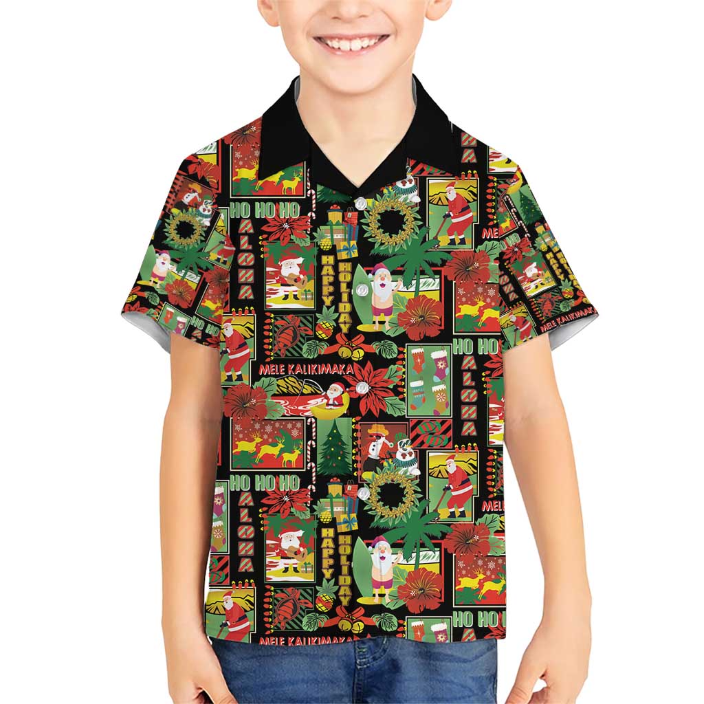 Hawaiian Santa Christmas Pattern Family Matching Short Sleeve Bodycon Dress and Hawaiian Shirt Black Version - Polynesian Pride