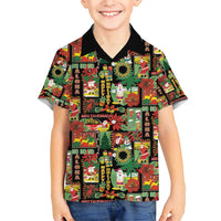 Hawaiian Santa Christmas Pattern Family Matching Short Sleeve Bodycon Dress and Hawaiian Shirt Black Version - Polynesian Pride